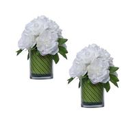 2-Pack 13" Tall Faux White Peony and Rose Bouquet in Circular Vase | Real Touch Flowers in a Glass vase
