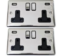 2 PACK - 13A 2 Gang Double Plug Socket with 2x 2.1A USB-A Charging Ports, Polished Chrome & Black Trim, UK Mains Wall Power Outlet for Phones & Tablets
