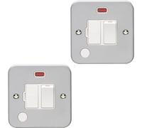 2 PACK 13A DP Switched Fuse Spur Flex Outlet & Neon HEAVY DUTY METAL CLAD - Mains Lighting Safety Wall Face Plate