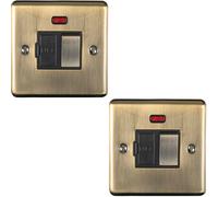 2 PACK 13A DP Switched Fuse Spur & Neon Light ANTIQUE BRASS & Black Isolation