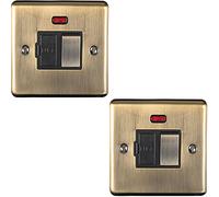 2 PACK | 13A DP Switched Fuse Spur & Neon Light -ANTIQUE BRASS & Black Trim- 240V Mains Isolation - Decorative Kitchen/Interior Wall Face Plate - Oven/Cooker/Hob Appliance On/Off Switch