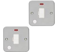 2 PACK 13A DP Unswitched Fuse Spur Flex Outlet & Neon HEAVY DUTY METAL CLAD - Mains Lighting Safety Wall Face Plate