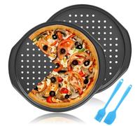2 Pack 14 Inch Non Stick Pizza Tray, Perforated Baking Tray With Oil Brush and Scraper with Holes, Round Pizza Baking Pan with Handle for Baking Pizza Home Kitchen, Oven and Dishwasher Safe, Black
