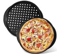 2 Pack 14 inch Pizza Trays for Oven Non Stick Pizza Baking Tray with Holes and Handles Carbon Steel Round Pizza Pan for Oven Microwave Fridge Freezer Dishwasher Safe