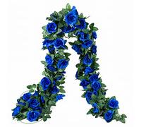 2 Pack / 16 FT Artificial Flowers Garland Fake Flower Rose Vine Lifelike Silk Decorative Wall Hanging Plant for Wedding Arch Door Arrangement Party Garden Home Bedroom Office Decoration Blue