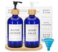 2 Pack 16 Oz Glass Soap Dispenser Set with Tray, Hand Dish Soap Dispenser Set for Bathroom and Kitchen Bottle Dispenser with Dish Soap, Hand Soap, Lotion (Blue)