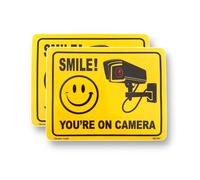 2 PACK - 165mm X 130mm SMILE YOUR ON CAMERA CCTV Self Adhesive Stickers - Yellow/Black, Sign, Warning, Private Property, Surveillance