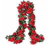 2 Pack (16FT) Artificial Rose Vine Fake Flowers Garland Hanging Silk Rose Ivy Plants Vine for Mother's Day Wedding Arch Party Garden Wall Aesthetic Art Décor (Red)