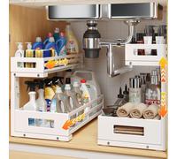 2-Pack 17"Deep Under Sink Organizer And Storage, 2-Tier L-Shaped Pull Out Cabinet Organizer with Upgraded Slide Rails, Height Adjustable Drawers for Kitchen&Bathroom, Extra-Large Storage Shelves-White
