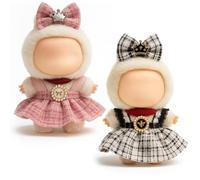 (2-Pack) 17cm Clothes Set, Black Plaid Outfit & Pink Plaid Dress Set, Stylish Doll Clothes with Bow Clip & Unique Metallic Details, Adorable Doll Accessories for 17cm Dolls