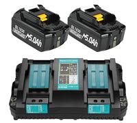 2 Pack 18V 5.0Ah Batteries + 6A DC18RD Dual Port Charger Compatible with Makita Battery 14.4V-18V BL1850 BL1830 BL1860 BL1840 and DC18RD DC18RC DC18SF DC18RCT DC18RF Charger