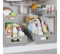 2 Pack 19IN Depth Under Sink Storage Organizer, Large 2-Tier Elegant Mesh Pull Out Shelf for Kitchen and Bathroom Cabinet Organization, L-Shaped and Adjustable Height Design-Grey