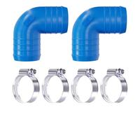 2 Pack 19mm 90 Degree Hose Elbow Joiner + 4 Worm Drive Clips Blue | 3D printed ABS, made in the UK | Zinc plated steel clamps included | Ribbed barbs for a secure grip | 40mm insert each leg