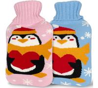 2 - Pack 1L Large Rubber Hot Water Bottles with Adorable Penguin - Patterned Covers - Ideal for Pain Relief, Cramps, and Hot/Cold Therapy