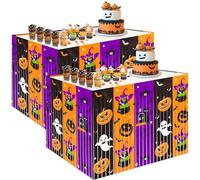 2 Pack 2.5 ft x 9 ft Halloween Themed Metallic Foil Fringe Table Skirt, Black, Orange, and Purple with Pumpkin, Ghost, Witch, and Cat Designs for Haunted House Decorations, Spooky Party Supplies