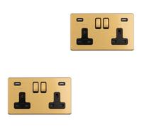 2 PACK 2 Gang Double 13A UK Plug Socket & 2.1A USB-A SCREWLESS SATIN BRASS