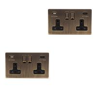 2 PACK 2 Gang Double 13A UK Plug Socket & 2x 3.1A USB-C SCREWLESS ANTIQUE BRASS