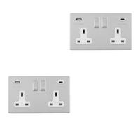 2 PACK 2 Gang Double 13A UK Plug Socket & 2x 3.1A USB-C SCREWLESS CHROME Charger