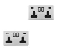 2 PACK 2 Gang Double 13A UK Plug Socket & 2x 3.1A USB-C SCREWLESS SATIN STEEL
