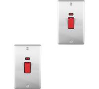 2 PACK 2 Gang Double 45A DP Switch Neon - SATIN STEEL & BLACK Vertical Rocker