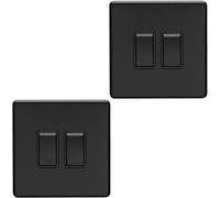 2 PACK 2 Gang Double Light Switch SCREWLESS MATT BLACK 2 Way 10A Slim Rocker