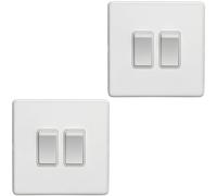 2 Pack 2 Gang Double Light Switch SCREWLESS MATT White 2 Way 10A Slim Rocker - Decorative Kitchen Living Room Bedroom Plate