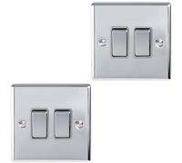2 PACK 2 Gang Double Metal Light Switch POLISHED CHROME 2 Way 10A GREY Trim