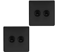 2 Pack 2 Gang Double Retro Toggle Light Switch SCREWLESS MATT Black 10A 2 Way - Classic Vintage Style Flick Lever Wall Plate