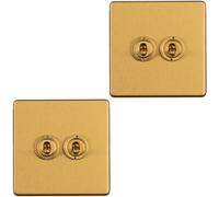 2 PACK 2 Gang Double Retro Toggle Light Switch SCREWLESS SATIN BRASS 10A 2 Way