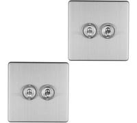 2 PACK 2 Gang Double Retro Toggle Light Switch SCREWLESS SATIN STEEL 10A 2 Way
