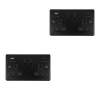 2 PACK 2 Gang Double UK Plug Socket & Dual 3.1A USB-C MATT BLACK 13A Switched