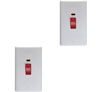 2 PACK 2 Gang Double Vertical 45A DP Cooker Switch & Neon - WHITE Oven Appliance