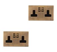 2 PACK 2 Gang DP 13A Switched UK Plug Socket SCREWLESS ANTIQUE BRASS Wall Power - Decorative Douple Pole Metal Mains Wall Plate