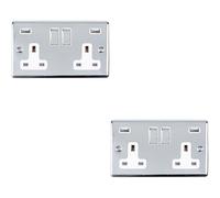 2 PACK 2 Gang Single UK Plug Socket & 2.1A USB CHROME & White 13A Switched