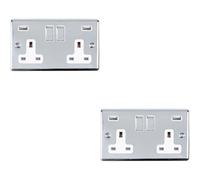 2 Pack 2 Gang Single Uk Plug Socket & 2.1A Usb Chrome & White 13A Switched