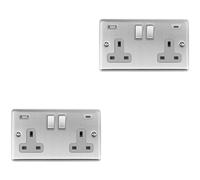 2 PACK 2 Gang UK Plug Socket & 2x 3.1A USB-C & A SATIN STEEL & GREY 13A Switch