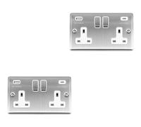 2 PACK 2 Gang UK Plug Socket & 2x 3.1A USB-C & A SATIN STEEL & WHITE 13A Switch