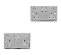 2 PACK 2 Gang UK Plug Socket & Dual 3.1A USB-C & A CHROME & GREY 13A Switched
