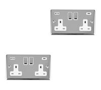 2 PACK 2 Gang UK Plug Socket & Dual 3.1A USB-C & A CHROME & WHITE 13A Switched