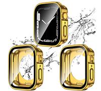 2 Pack 2 in 1 Waterproof Case for Apple Watch Series SE 6 5 4 40mm, Straight Edge PC Front & Back Bumper with Tempered Glass Screen Protector 360 Protective Cover for iWatch (44mm, Gold/Gold)