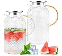 2 Pack 2 L Glass Water Jug with Lid, Clear Borosilicate Glass Pitcher, Vintage Iced Tea Pitcher for Juice, Iced Tea, Milk, Coffee, Wine, Cold or Hot Beverage