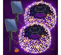 2-Pack 200FT Solar String Lights for Outside, 600 LED Extra-Bright Solar Light Outdoor with 19 Modes & Timer, Waterproof Fairy Solar Lights for Garden Patio Tree Christmas Decorations Orange & Purple