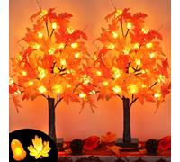 2 Pack 24 Inch Artificial Lighted Maple Tree with 48 LEDs Timer Fall Thanksgiving Decorations Battery Operated Prelit Maple Tree Table Lights for Thanksgiving Decor Home Indoor Autumn Harvest
