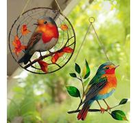 2-Pack 2D Suncatchers for Windows Hanging Decorations, Acrylic Bird Stained Glass Effect, Garden Ornaments Outdoor, Robin Suncatcher, Suncatchers for Windows, Suncatcher Branch Ornament Accent