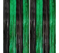 2 Pack 3.3x6.6ft Black Green Metallic Tinsel Foil Fringe Backdrop Window Door Streamers Birthday St Patrick's Day Halloween Bachelorette Graduation Video Game Hawaiian Jungle Party Decoration