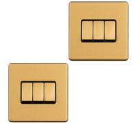 2 Pack 3 Gang Triple Light Switch SCREWLESS Satin Brass 2 Way 10A Slim Rocker - Decorative Kitchen Living Room Bedroom Plate