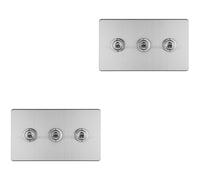 2 PACK 3 Gang Triple Retro Toggle Light Switch SCREWLESS SATIN STEEL 10A 2 Way