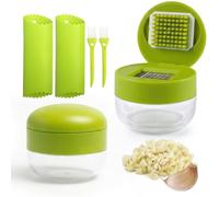 2-Pack 3-in-1 Garlic Press Set, Stainless Steel Garlic Mincer with Garlic Peeler & Cleaning Brush, Garlic Crusher Tool with Storage Container for Kitchen Cooking (Green)