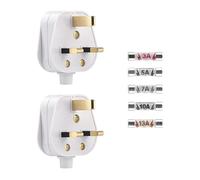 2 Pack 3 Pin Plug UK, 3 pin Mains Plug 250V, 13 Amp Plugs White Plug Fused 13A Mains Plugs Included (3A/5A/7A/10A/13A), Flame Retardant Material, Ideal for Household Electrical Appliances