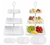 2 Pack 3 Tier Cake Stand Set with 15 Paper Doilies, White Cupcake Stands | Square Tiered Trays for Afternoon Tea, Desserts, Weddings, Birthdays and Parties